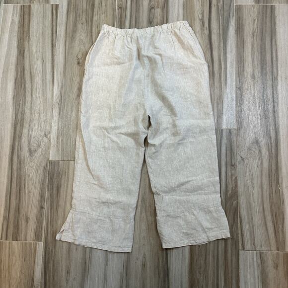 Match Point Pants Small Tan Pull On Cropped Wide Leg Split Hem Lagenlook Coastal - Picture 2 of 7